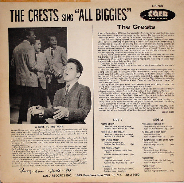 Master Release: The Crests Sing All Biggies by The Crests