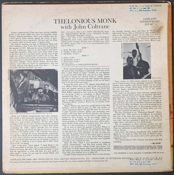 Release: Thelonious Monk With John Coltrane-Vinyl-US-1961-JLP 946S-3499103