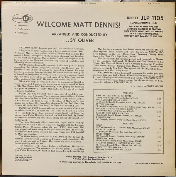 Release: Welcome Matt-Vinyl-US-1960-JLP-1105, JGM 1105, 1105-6122239