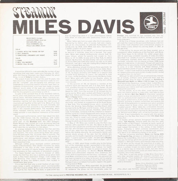 Release: Steamin' With The Miles Davis Quintet-Vinyl-US-1968-PRST 7580-2041636