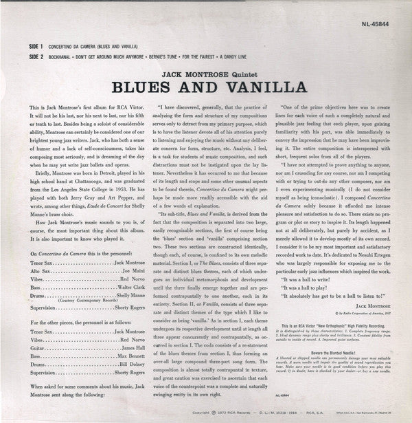 Master Release: Blues And Vanilla by The Jack Montrose Quintet