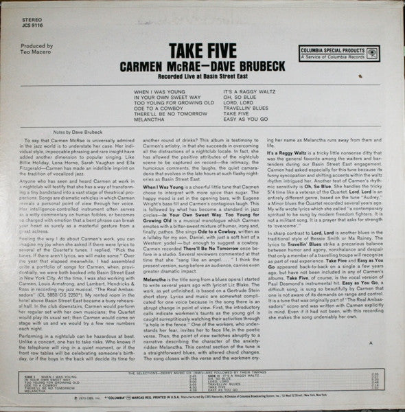 Release: Take Five (Recorded Live At Basin Street East)-Vinyl-US-1973-JCS 9116-1684728