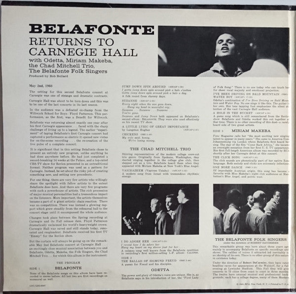 Release: Belafonte Returns To Carnegie Hall-Vinyl-US-None-LSO-6007-1 (L2PY-3825), LSO 6007-2 (L2PY-3823)-10088172