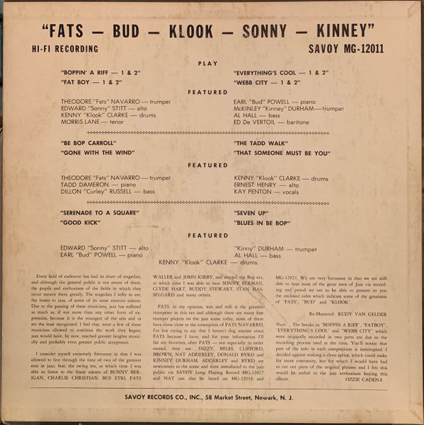 Release: Fats-Bud-Klook-Sonny-Kinney-Vinyl-US-1955-MG-12011-21132157