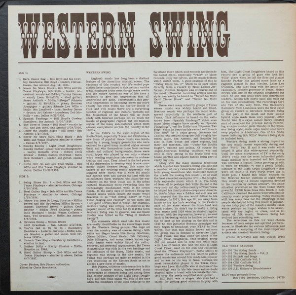 Release: Western Swing (Historic Recordings)-Vinyl-US-1967-OT 105-21751315