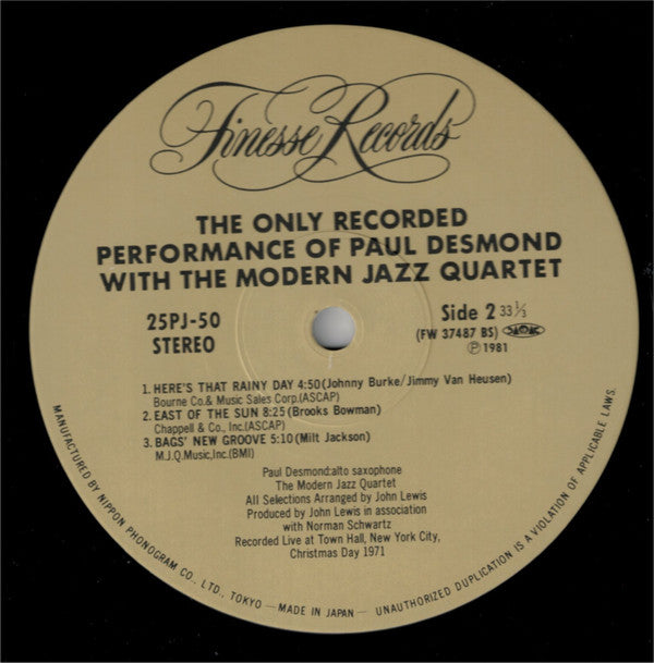 The Only Recorded Performance Of Paul Desmond With The Modern Jazz Quartet