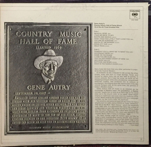 Release: Gene Autry's Country Music Hall Of Fame Album-Vinyl-US-1970-CS 1035-7105718