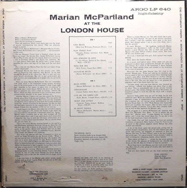 Release: Marian McPartland At The London House-Vinyl-US-1958-LP 640-2132417