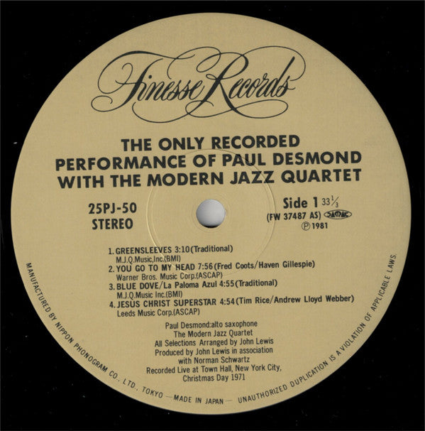 The Only Recorded Performance Of Paul Desmond With The Modern Jazz Quartet
