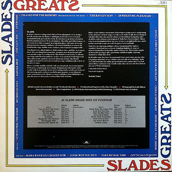 Release: Slades Greats-Vinyl-UK-1984-SLAD 1, 821 475-1-3153183