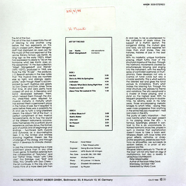 Master Release: Art Of The Duo by Albert Mangelsdorff