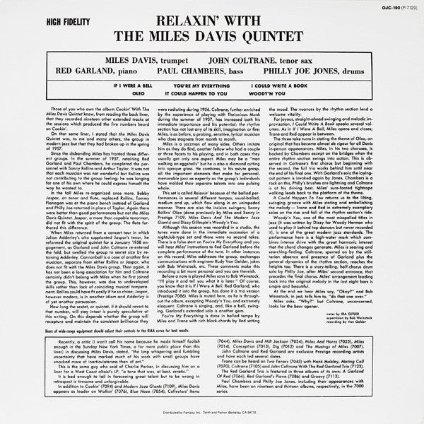 Release: Relaxin' With The Miles Davis Quintet-Vinyl-US-1987-7129, OJC-190, P-7129-15375604