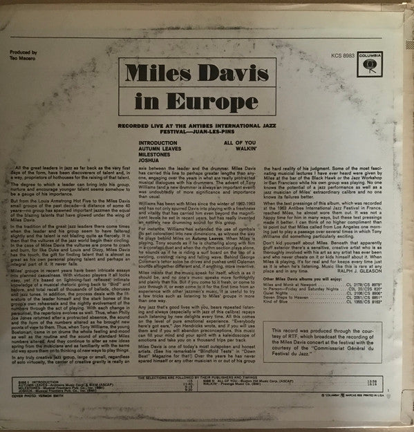 Release: Miles Davis In Europe-Vinyl-US-None-PC 8983, KCS 8983-12888799