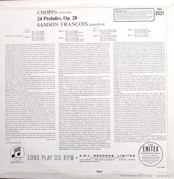 Release: Les Vingt-Quatre Préludes-Vinyl-UK-1963-SAX 2521-5972049