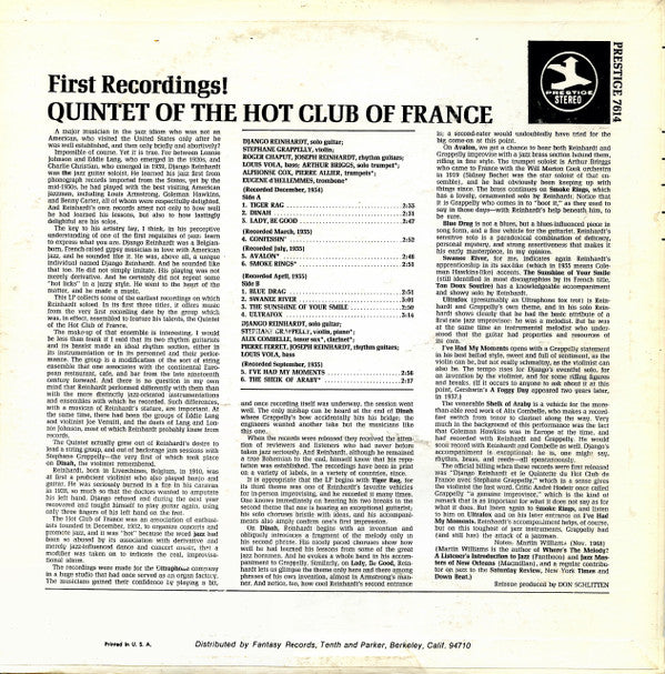 Release: First Recordings! Quintet Of The Hot Club Of France-Vinyl-US-1972-PR 7614, PRT-7614, Prestige 7614-5904274