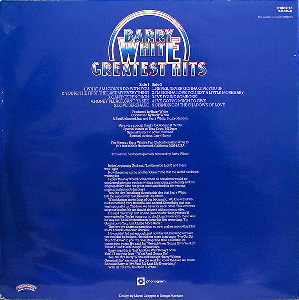 Release: Barry White's Greatest Hits-Vinyl-UK-1983-PRICE 13-2395300