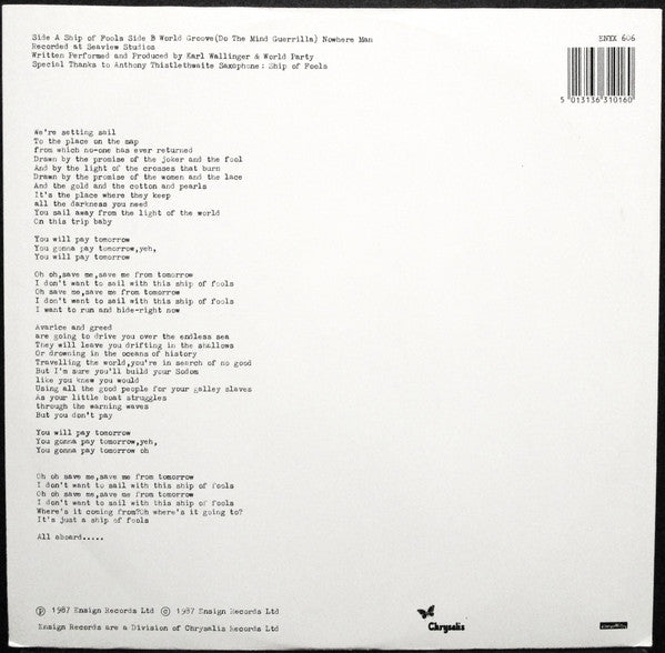 Release: Ship Of Fools-Vinyl-UK-1987-ENYX 606-1756332