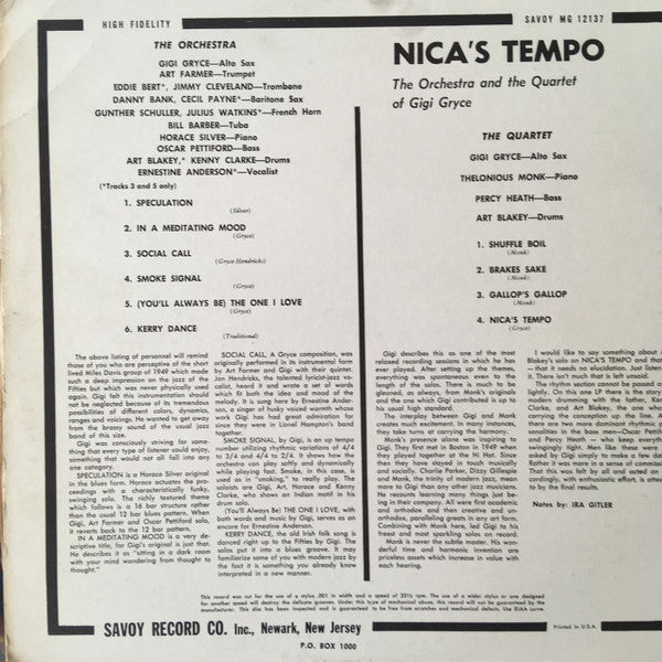 Release: Gigi Gryce · Thelonious Monk · Percy Heath · Art Blakey · Horace Silver · Art Farmer · Kenny Clarke · Cecil Payne · Jimmy Cleveland · Oscar Pettiford · Julius Watkins-Vinyl-US-None-MG 12137-6355666