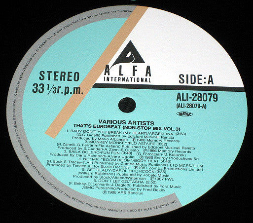 Release: That's Eurobeat - Non Stop Mix Vol. 3-Vinyl-Japan-1987-ALI-28079-1789537