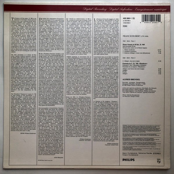 Release: Wanderer-Fantasie D. 760 · Sonata In B Flat = B-dur D. 960-Vinyl-UK & Europe-1989-422 062-1-14025532