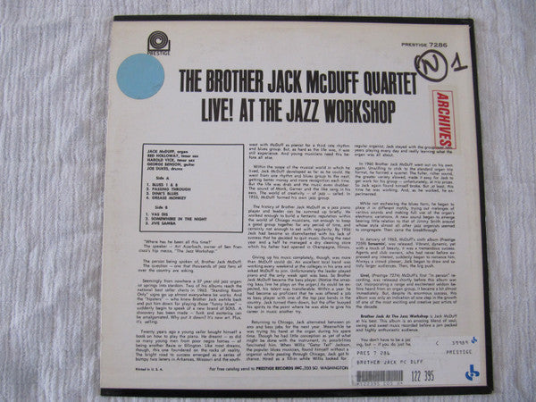 Master Release: Brother Jack At The Jazz Workshop Live! by The Brother Jack McDuff Quartet