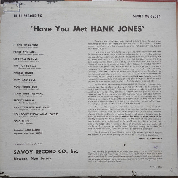 Release: Have You Met Hank Jones-Vinyl-US-1956-MG-12084-4018139