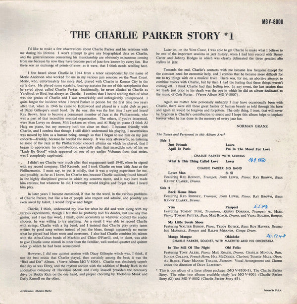Release: The Charlie Parker Story #1-Vinyl-US-None-MGV 8000, MG V-8000, V-8000-7743445