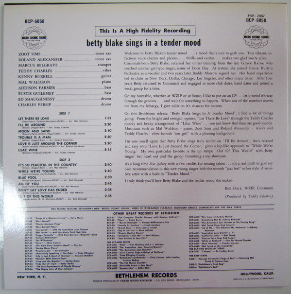 Release: Sings In A Tender Mood-Vinyl-Spain-1986-BCP-6058, FSR-2007-7379622