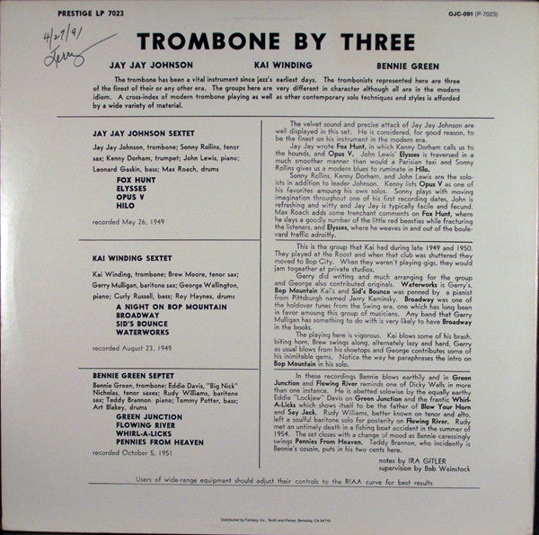 Master Release: Trombone By Three by J.J. Johnson
