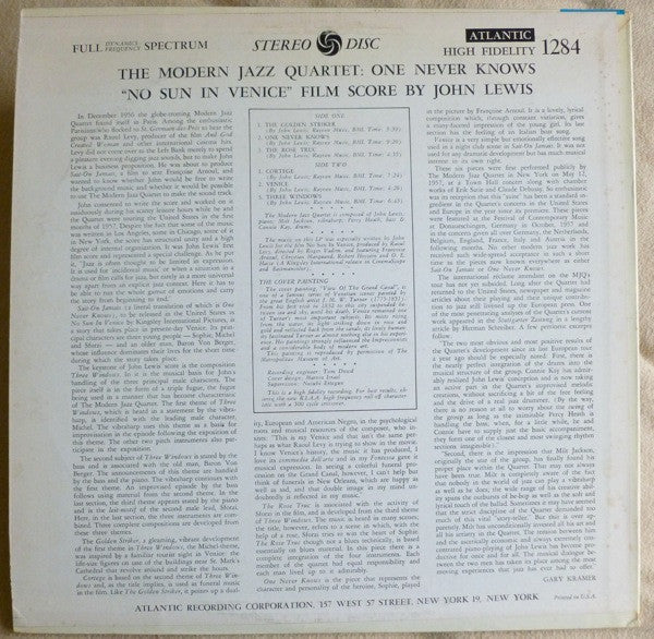 Release: The Modern Jazz Quartet Plays One Never Knows (Original Film Score For “No Sun In Venice”)-Vinyl-US-1963-SD 1284-3539148