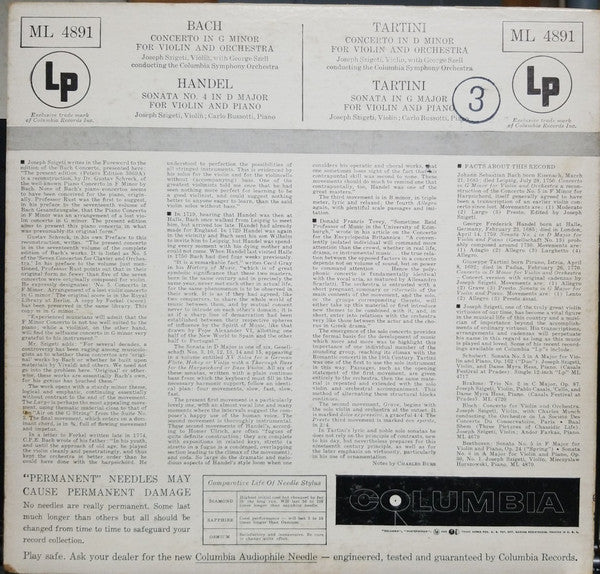 Release: Concerto In G Minor For Violin And Orchestra / Concerto In D Minor For Violin And Orchestra / Sonata No 4 In D Major For Violin And Piano / Sonata No 4 In D Major For Violin And Piano-Vinyl-None-1954-ML 4891-12015904