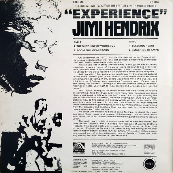 Master Release: Original Sound Track 'Experience' by Jimi Hendrix