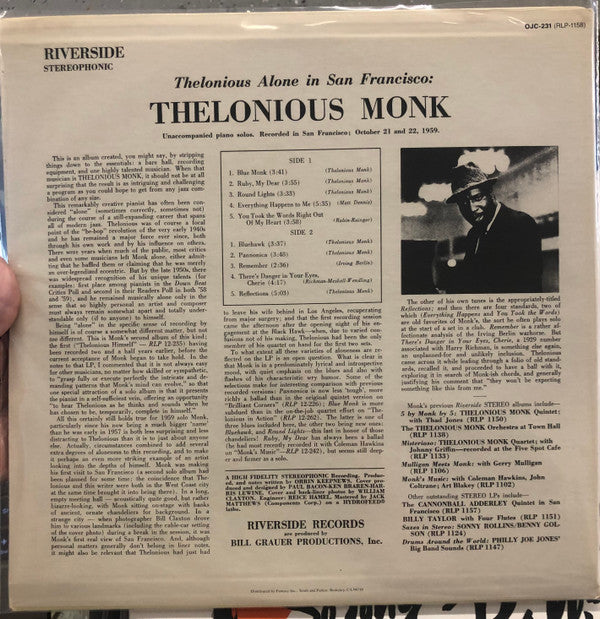 Release: Thelonious Alone In San Francisco-Vinyl-US-1986-OJC-231, RLP-1158-26997021