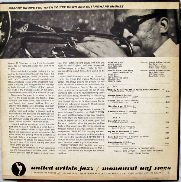 Master Release: Nobody Knows You When You're Down And Out by Howard McGhee