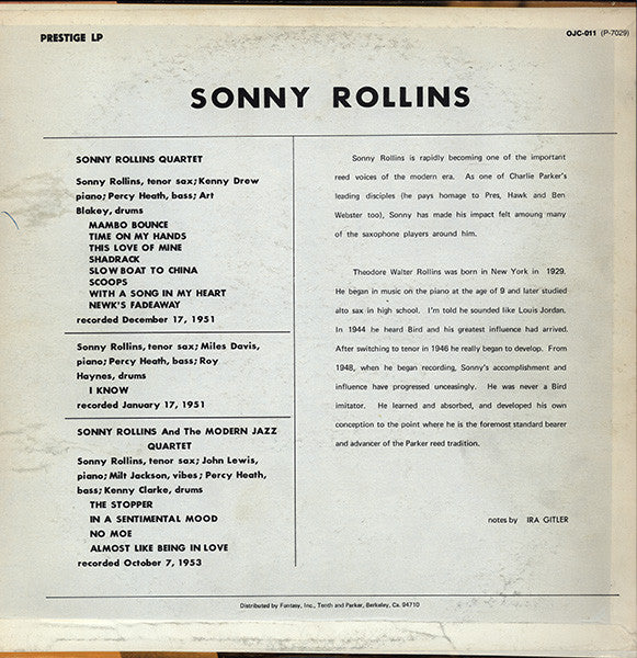 Release: Sonny Rollins With The Modern Jazz Quartet-Vinyl-US-1982-OJC-011, P-7029-2709990