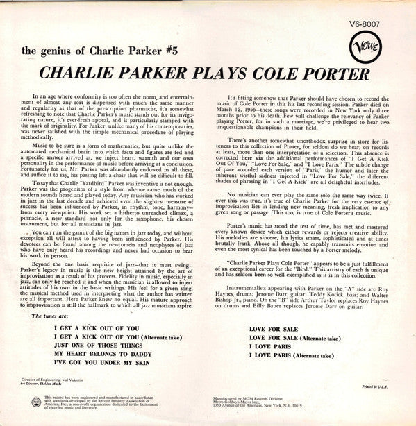 Release: Charlie Parker Plays Cole Porter-Vinyl-US-None-V6-8007-5661046