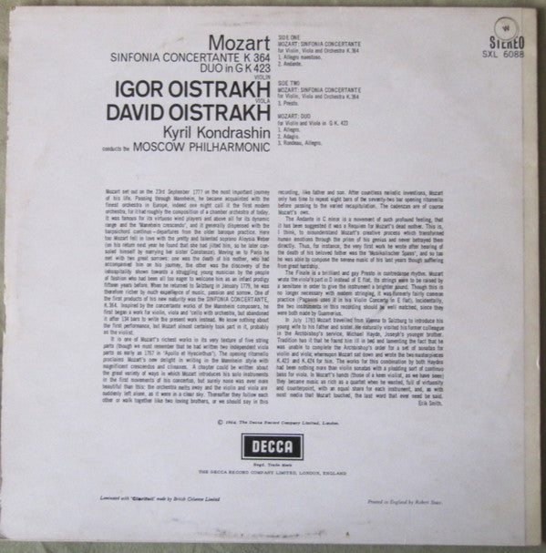 Sinfonia Concertante K.364, Duo In G K.423
