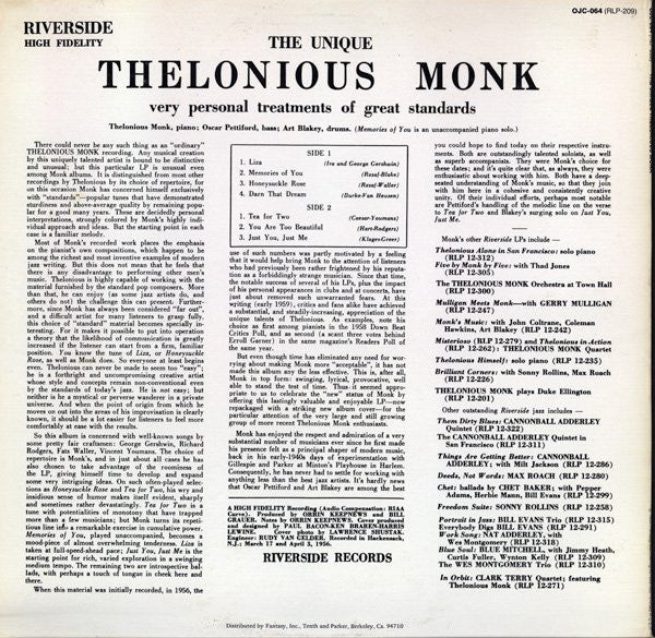 Release: The Unique Thelonious Monk-Vinyl-US-1983-OJC-064, RLP-209-3208403