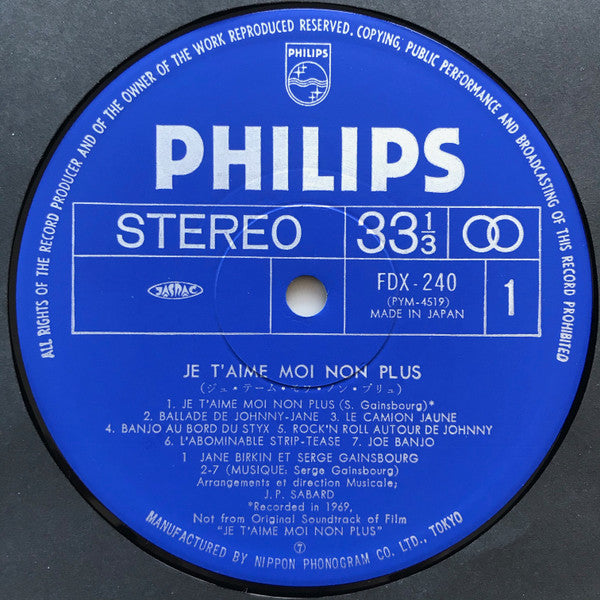 Bande Originale Du Film De Serge Gainsbourg "Je T'Aime Moi Non Plus"