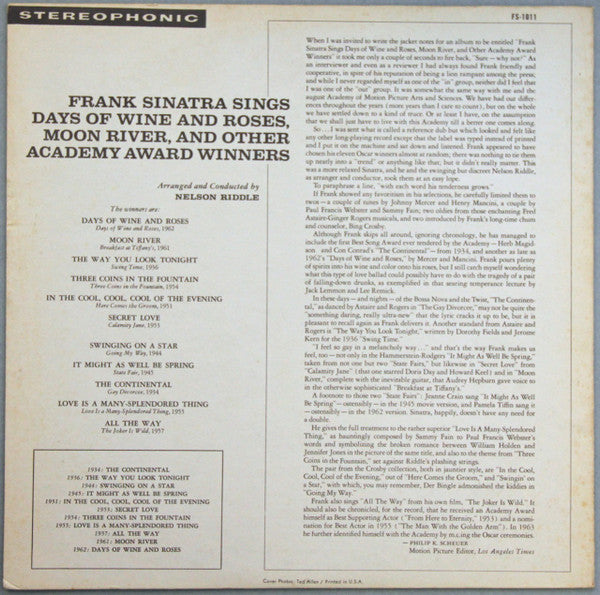 Release: Sings Days Of Wine And Roses, Moon River, And Other Academy Award Winners-Vinyl-US-None-FS-1011-13572904
