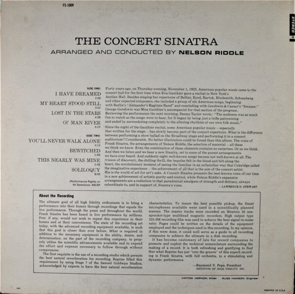 Release: The Concert Sinatra-Vinyl-US-1972-R9-1009, FS-1009, FS 1009-10217725